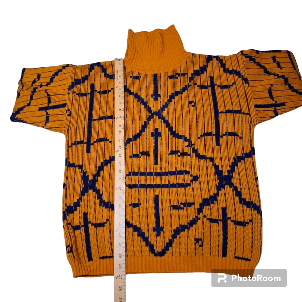 VTG LeRoy Knitwear Abstract Modernist 70s Sweater Sz L Orange & Blue - Picture 5 of 6